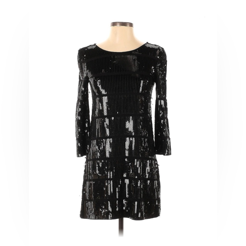 Theory Women's Black Sequined Shift Mini Dress 3/4 Sleeve Cocktail sz S